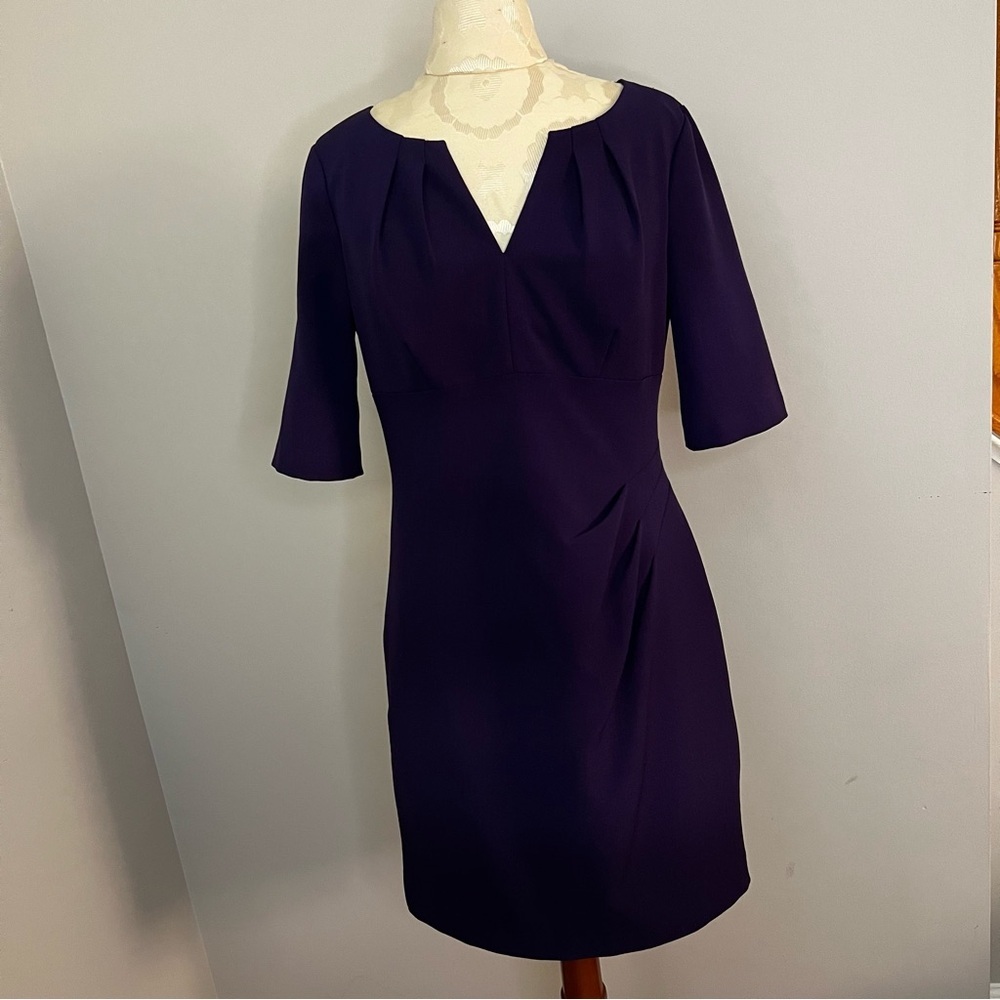 Adrianna Papell Purple Pleat Shift Dress Women Size 8 Half Sleeve Scoop Neck Fit - Picture 2 of 11